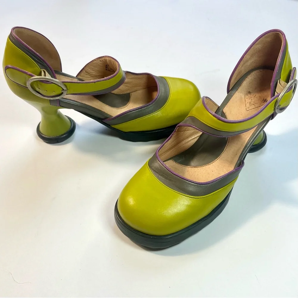SOLD Fluevog Elif Mary Jane Mini Heels Shoes Olive Green Purple Buckle Strap - Picture 3 of 14